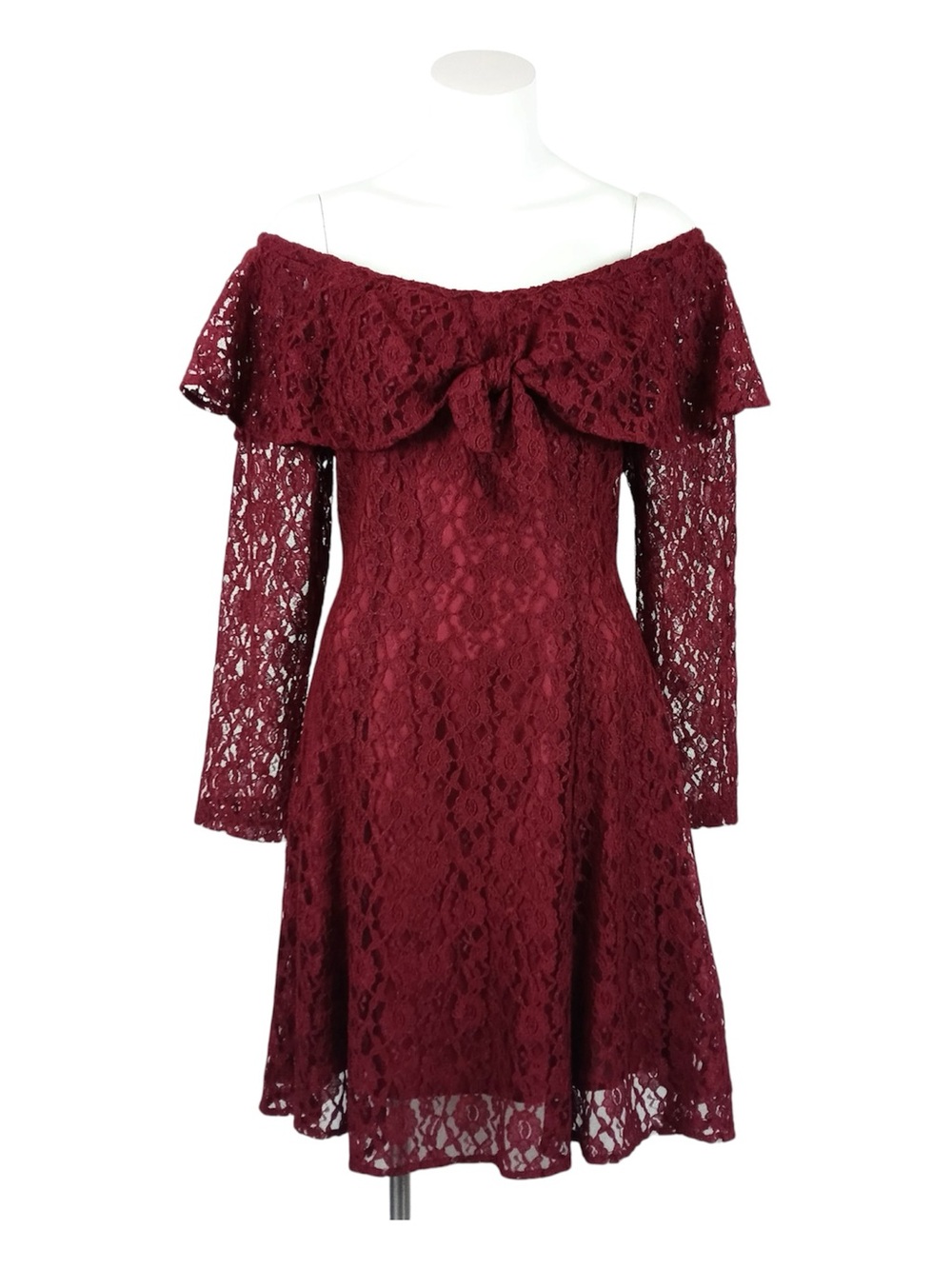 VTG Dawn Joy Burgundy Lace Off Shoulder Dress Ruffle Tie Front 80/90s Whimsigoth